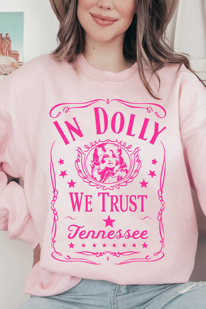 "In Dolly We Trust" || Dolly Parton Unisex Graphic Sweatshirt (Light Pink / Hot Pink Ink)