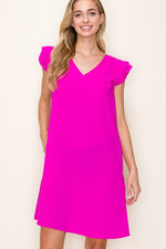 Short Ruffle Sleeve Solid V-Neck Dress (Magenta)
