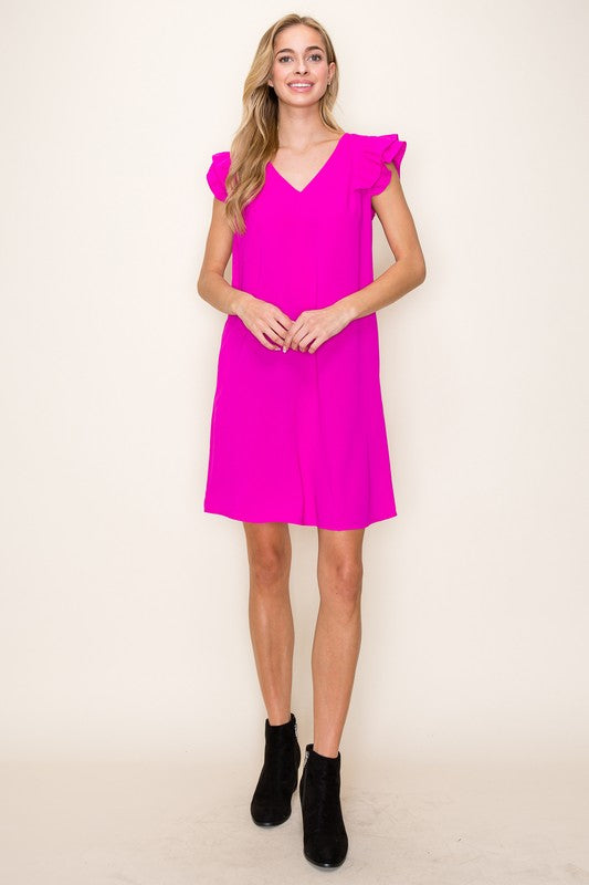 Short Ruffle Sleeve Solid V-Neck Dress (Magenta)