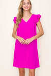 Short Ruffle Sleeve Solid V-Neck Dress (Magenta)