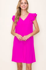 Short Ruffle Sleeve Solid V-Neck Dress (Magenta)