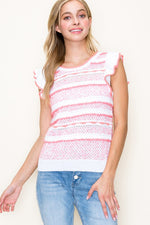 Ruffle Sleeve Stripe Crochet Knit Top