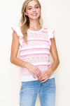 Ruffle Sleeve Stripe Crochet Knit Top
