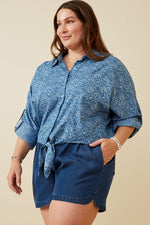 Floral Print Tie Front Denim Shirt (Plus Size)