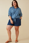 Floral Print Tie Front Denim Shirt (Plus Size)