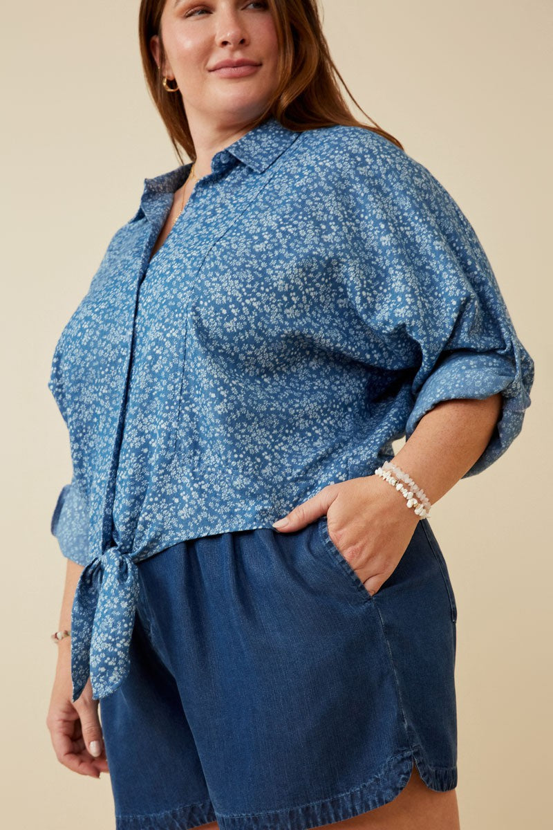 Floral Print Tie Front Denim Shirt (Plus Size)