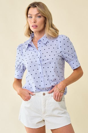 Puff Sleeve Polka Dot Button Front Blouse