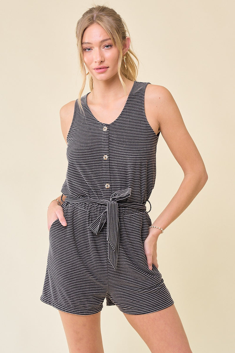 Button Front Striped Romper