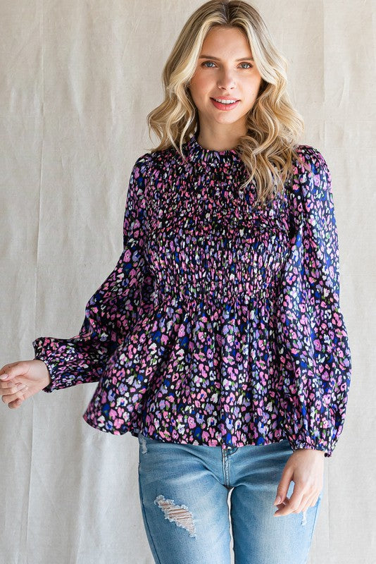 Satin Smoked Bodice Peplum Blouse