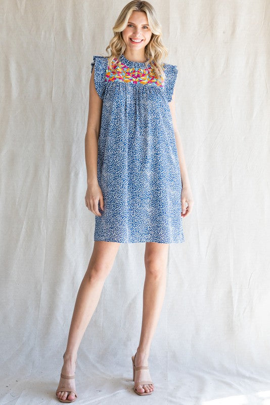 Embroidery Detail Frill Sleeve Dress