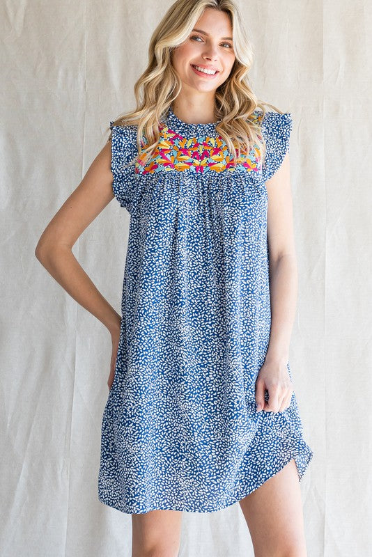 Embroidery Detail Frill Sleeve Dress