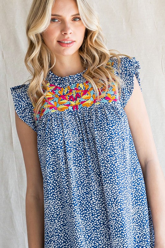 Embroidery Detail Frill Sleeve Dress