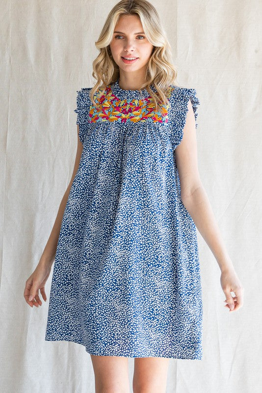 Embroidery Detail Frill Sleeve Dress