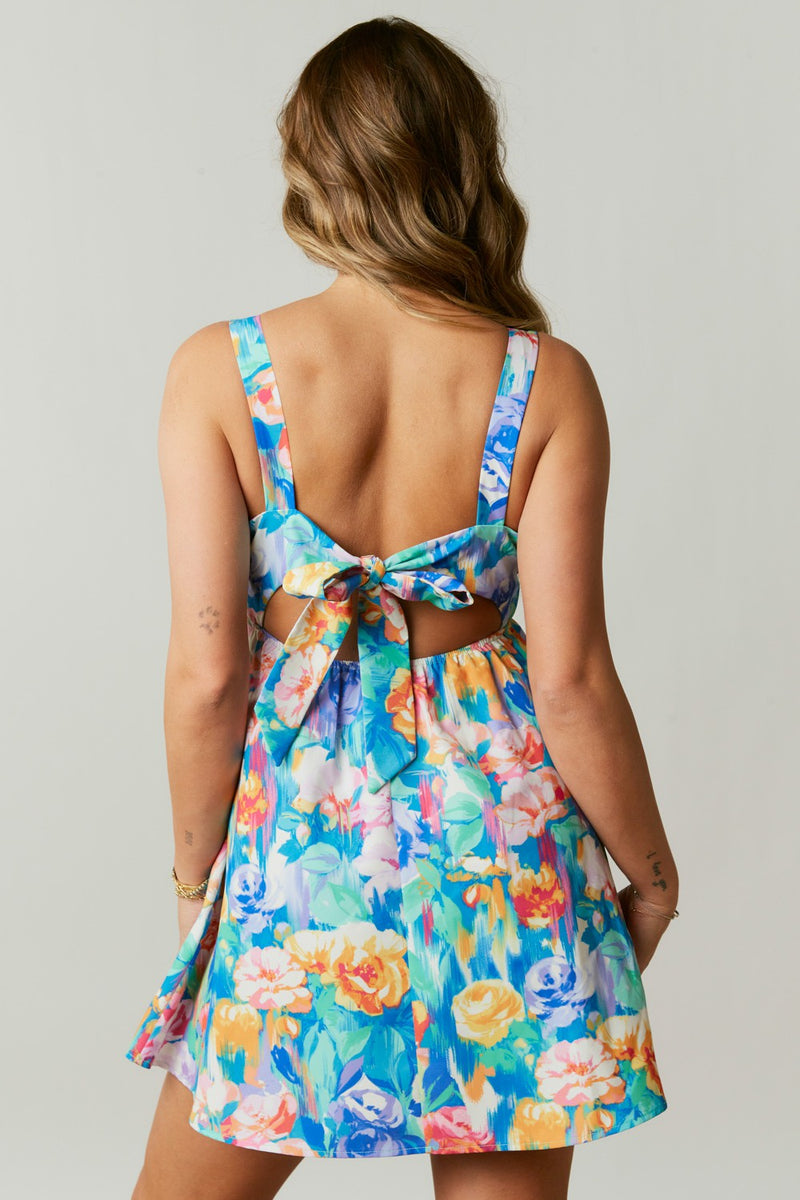 Multi-Color Floral Sleeveless Tie Back Mini Dress
