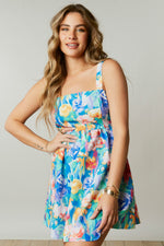 Multi-Color Floral Sleeveless Tie Back Mini Dress