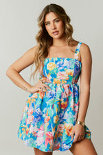 Multi-Color Floral Sleeveless Tie Back Mini Dress