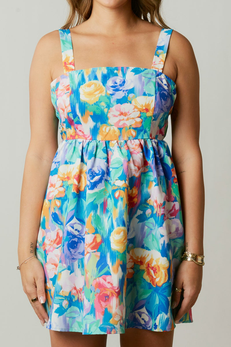 Multi-Color Floral Sleeveless Tie Back Mini Dress