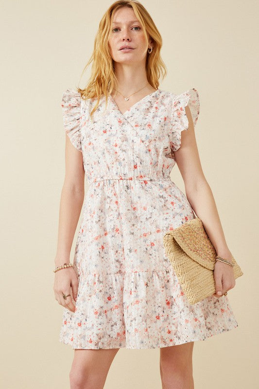 Floral Print Eyelet Ruffle Sleeve Dress