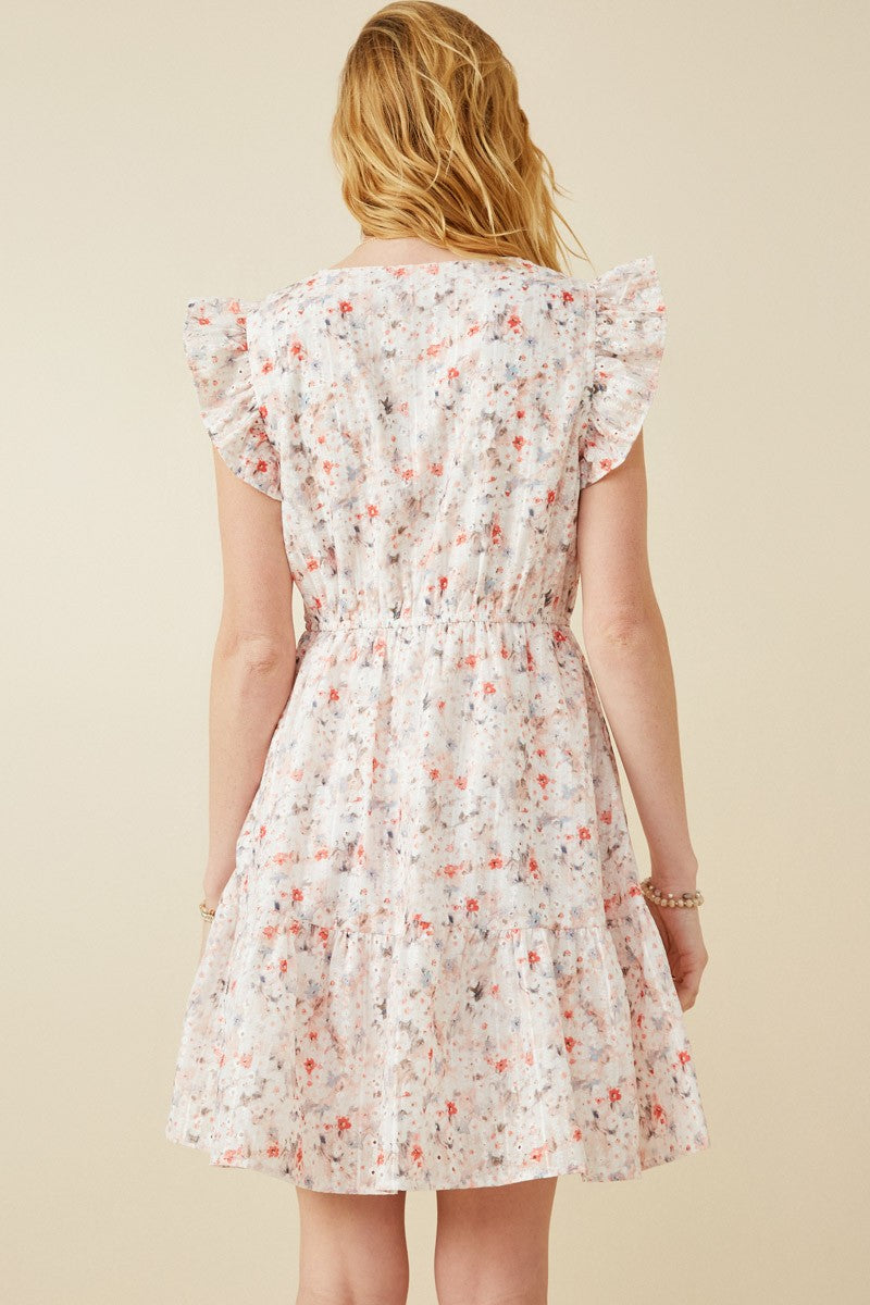 Floral Print Eyelet Ruffle Sleeve Dress