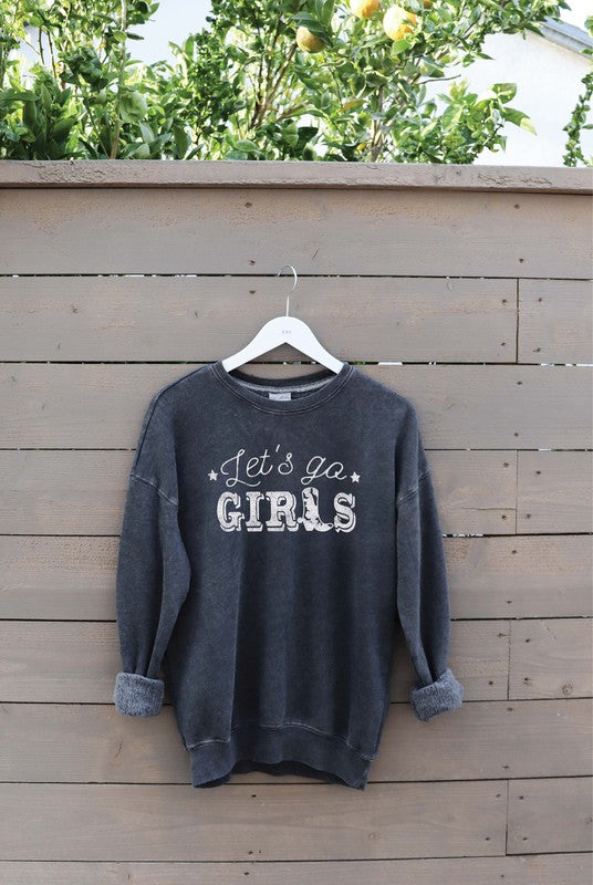 "Let's Go Girls" Mineral Wash Graphic Sweatshirt (Vintage Black)