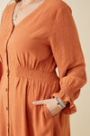 Smock Waist Detail Button Front Long Sleeve Dress (Plus Size)