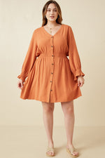 Smock Waist Detail Button Front Long Sleeve Dress (Plus Size)