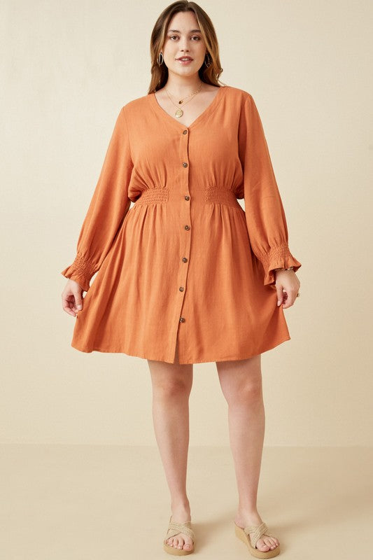 Smock Waist Detail Button Front Long Sleeve Dress (Plus Size)