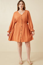 Smock Waist Detail Button Front Long Sleeve Dress (Plus Size)