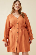 Smock Waist Detail Button Front Long Sleeve Dress (Plus Size)