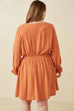 Smock Waist Detail Button Front Long Sleeve Dress (Plus Size)