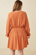 Smock Waist Detail Button Front Long Sleeve Dress (Plus Size)