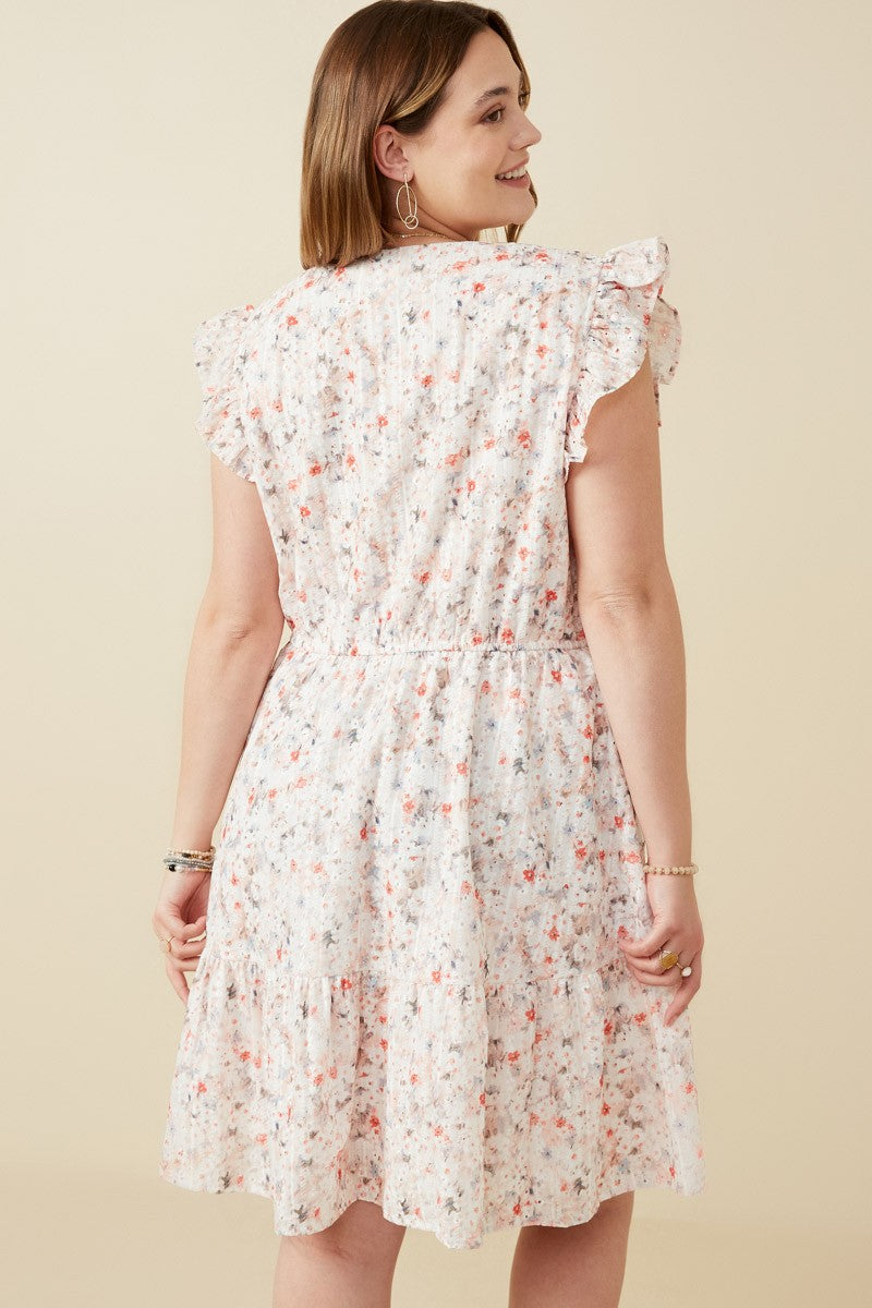 Floral Print Eyelet Ruffle Sleeve Dress (Plus Size)