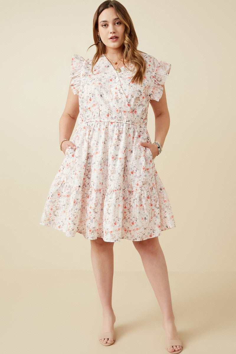 Floral Print Eyelet Ruffle Sleeve Dress (Plus Size)