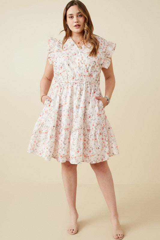 Floral Print Eyelet Ruffle Sleeve Dress (Plus Size)