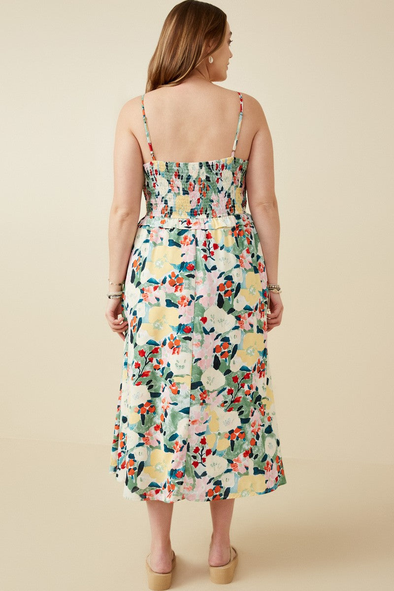 Floral Print Smocked Bust Midi Dress (Plus Size)
