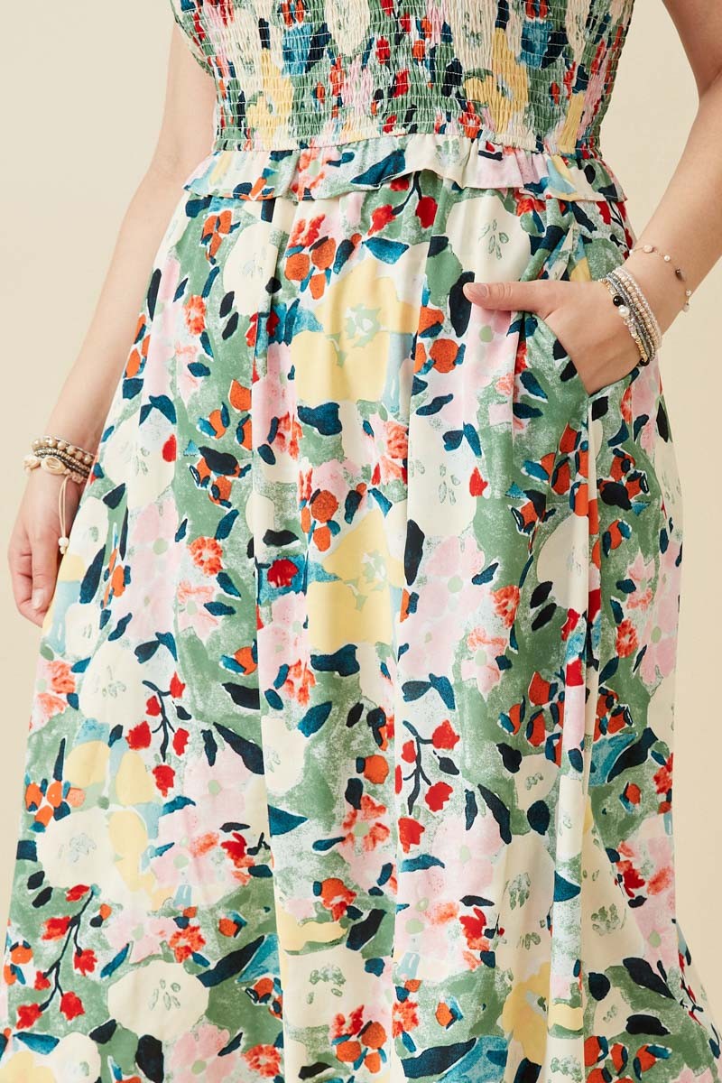 Floral Print Smocked Bust Midi Dress (Plus Size)