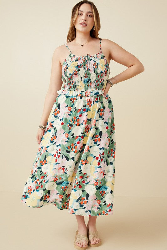 Floral Print Smocked Bust Midi Dress (Plus Size)