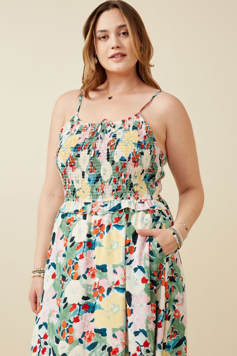 Floral Print Smocked Bust Midi Dress (Plus Size)