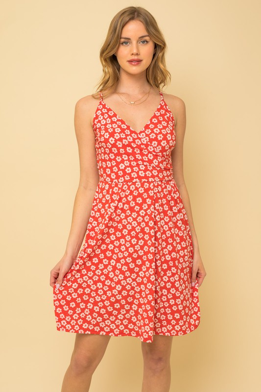 Sleeveless Flower Print Surplice Mini Dress