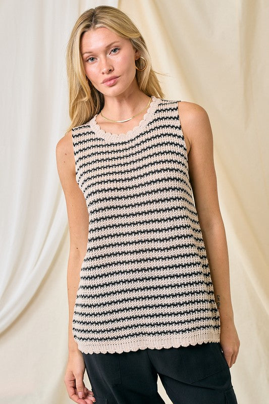 Scalloped Edge Striped Crochet Tank