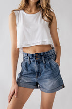High Waisted Paper Bag Denim Shorts (Dark Denim)