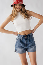 High Waisted Paper Bag Denim Shorts (Dark Denim)