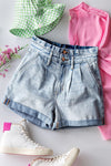 High Waisted Paper Bag Denim Shorts (Light Denim)