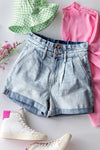 High Waisted Paper Bag Denim Shorts (Light Denim)