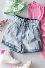 High Waisted Paper Bag Denim Shorts (Light Denim)