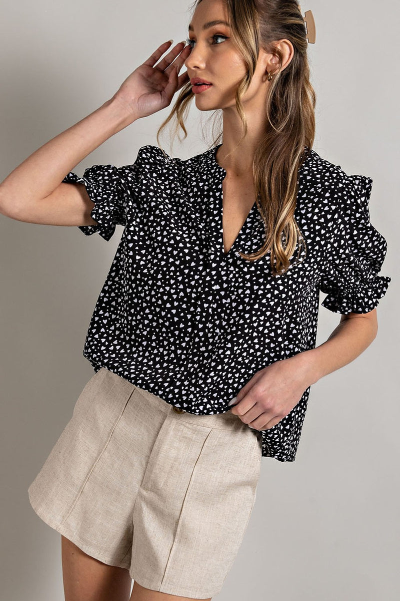 Heart Print Puff Sleeve Blouse