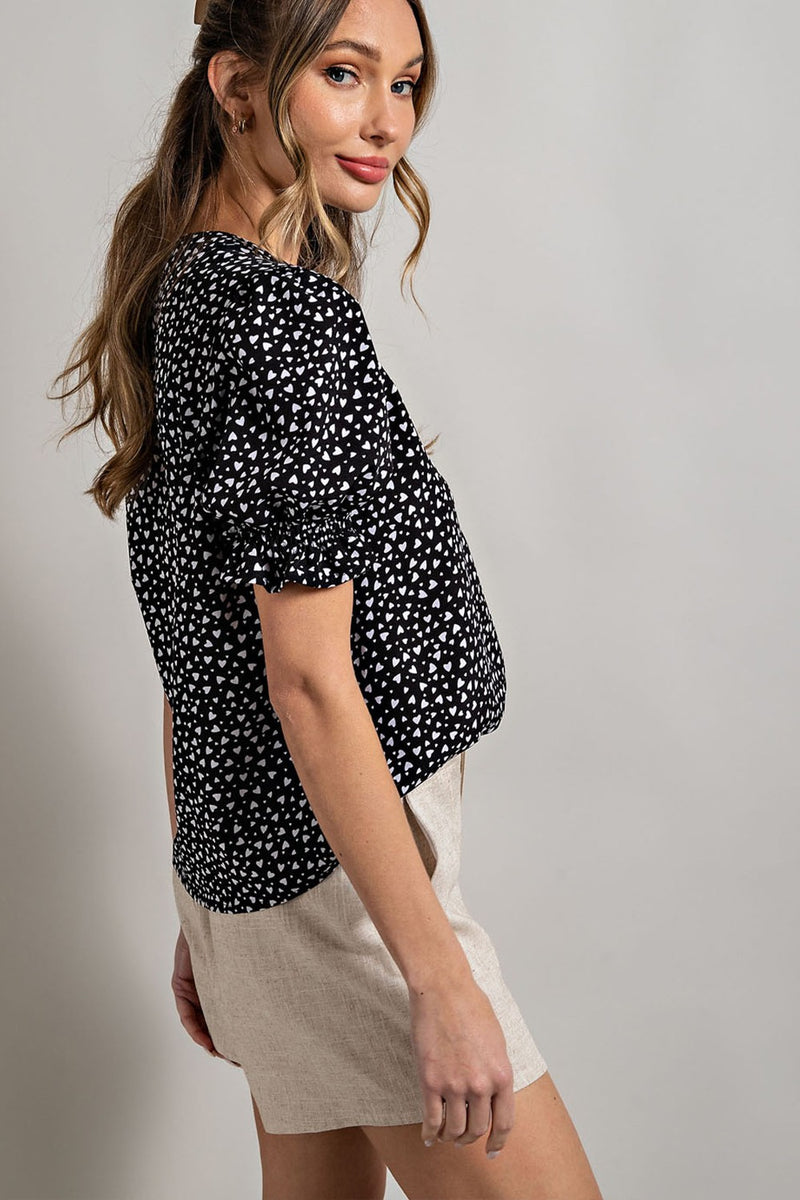Heart Print Puff Sleeve Blouse