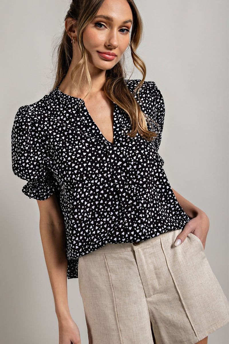 Heart Print Puff Sleeve Blouse