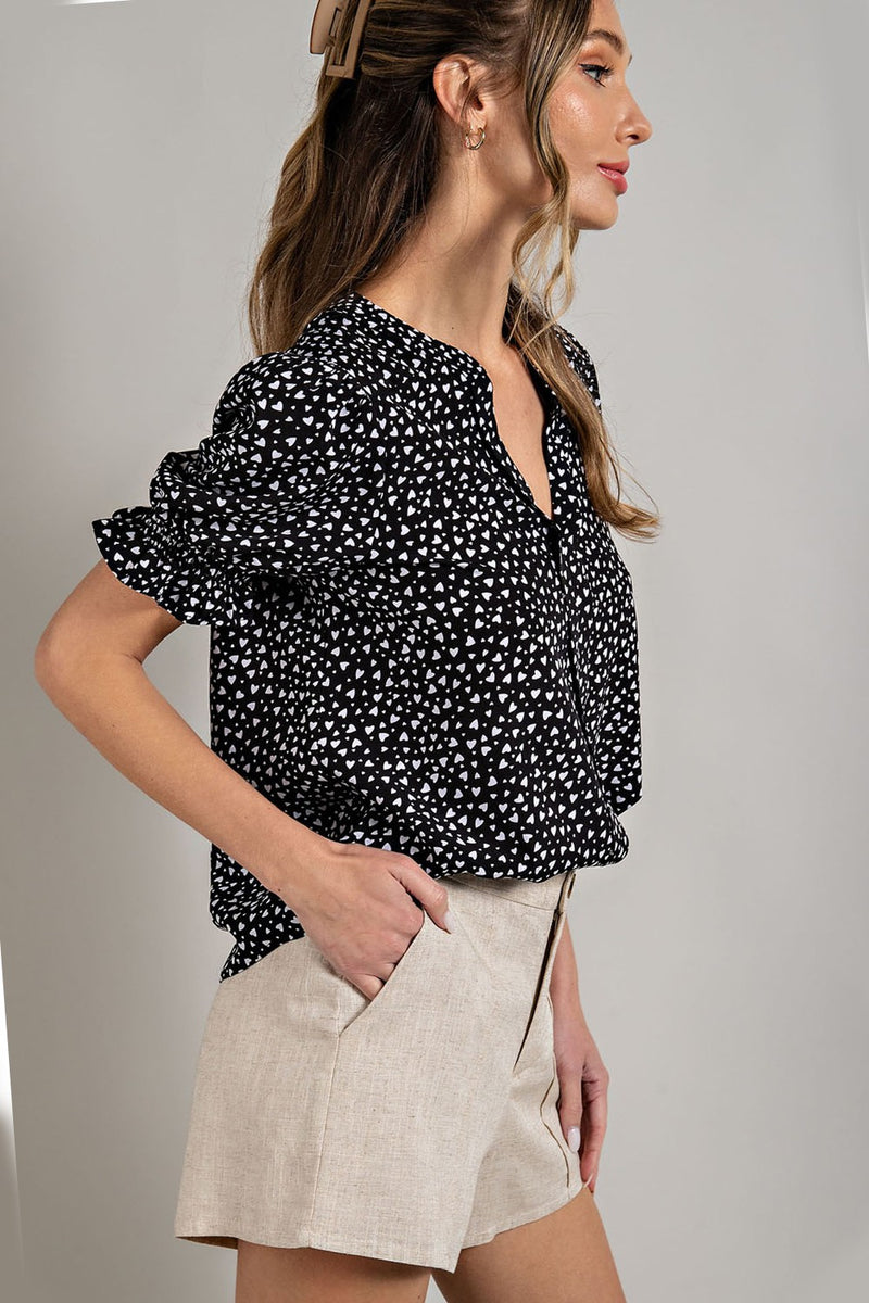 Heart Print Puff Sleeve Blouse