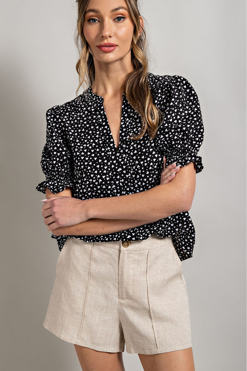 Heart Print Puff Sleeve Blouse